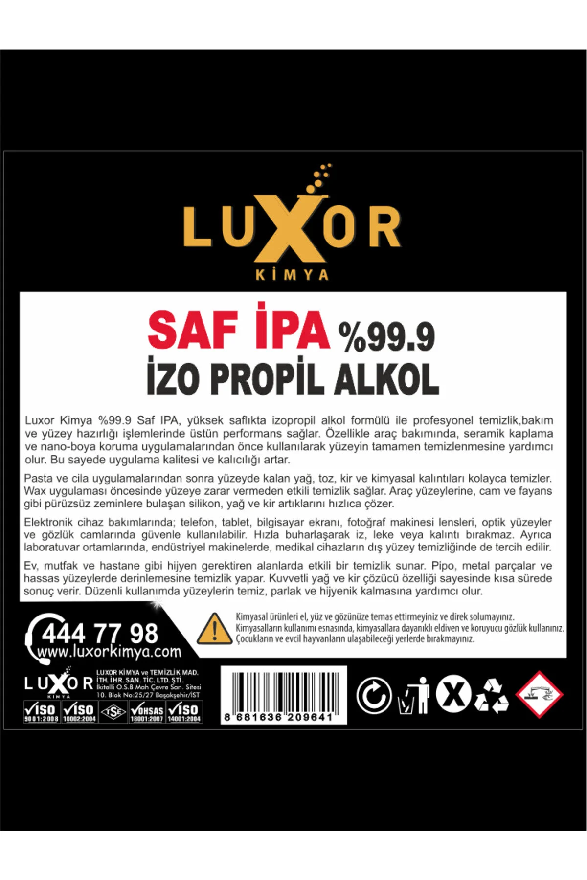 Kimya Saf İzopropil Alkol (IPA) %99.9 5 Litre (Dezenfektan Alkolü) görsel 3