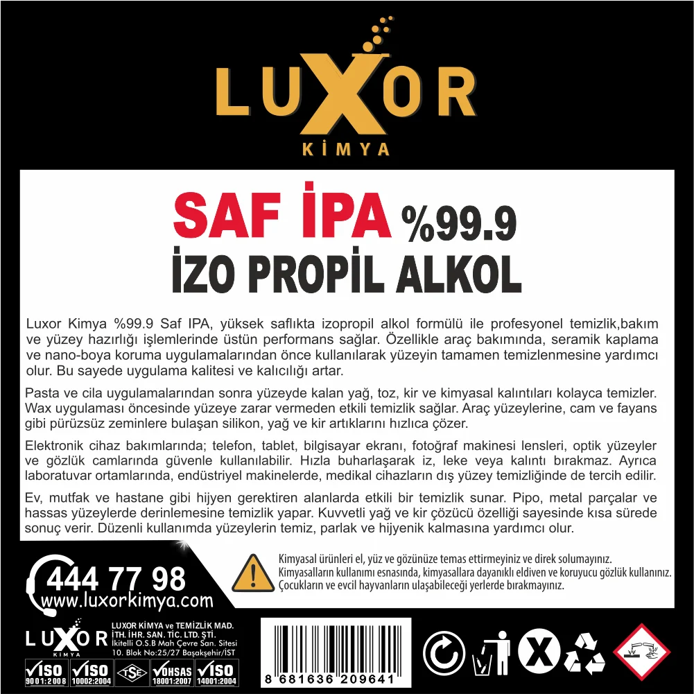Luxor Kimya Saf İPA %99 İzopropil Alkol 200 ml görsel 3