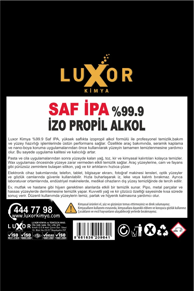 Luxor Kimya Saf İPA %99 İzopropil Alkol 5 Lt – Elektronik ve Yüzey Temizleme görsel 3